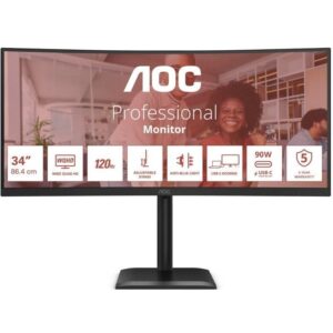 Monitor Profesional Ultrapanorámico Curvo AOC CU34E4CV 34"/ WQHD/ Multimedia/ Regulable en altura/ Negro