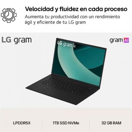 Portátil LG Gram 14ZD90T-G.AX88B Intel Core Ultra 7-255H/ 32GB/ 1TB SSD/ 14"/ Sin Sistema Operativo - Imagen 2