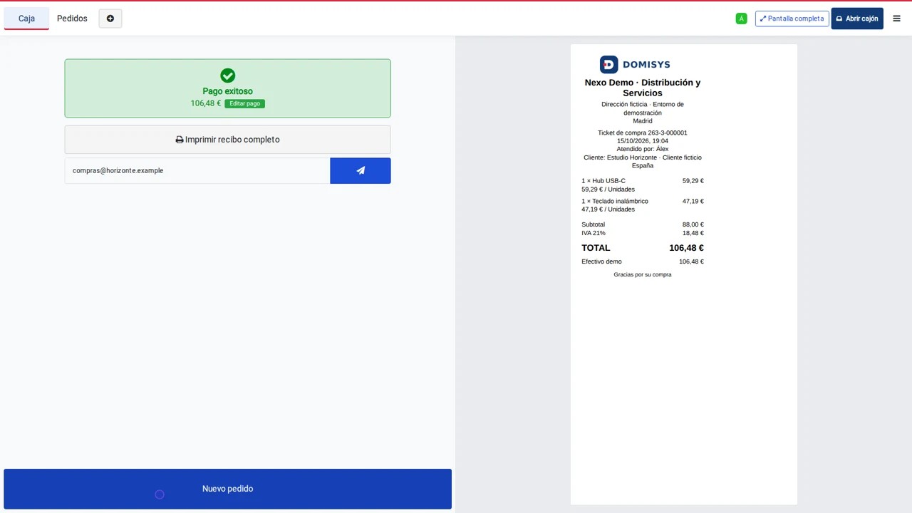 Ticket generado desde el TPV de Domisys en la demo