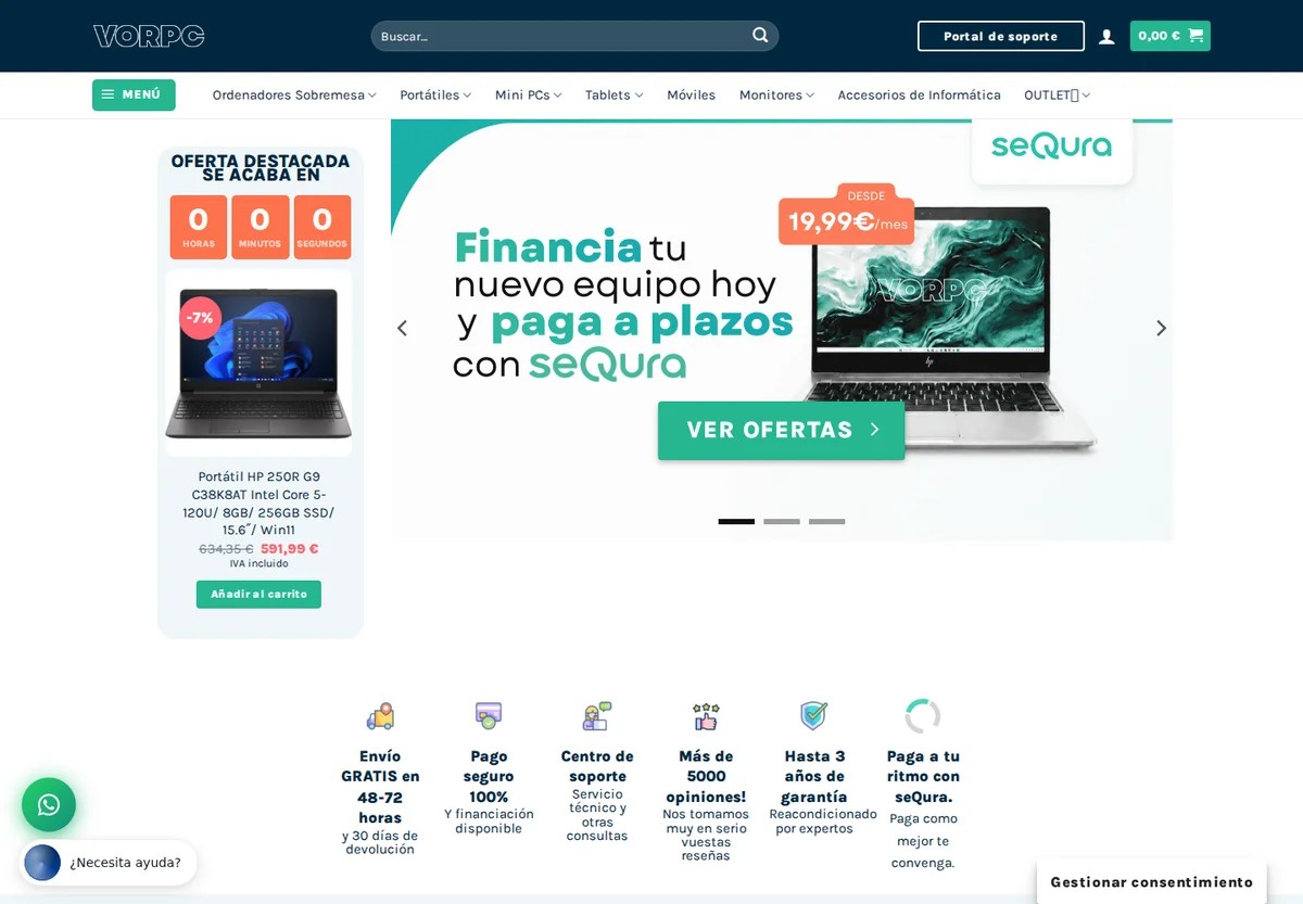 Captura de la tienda online vorpc.es desarrollada con WordPress y WooCommerce